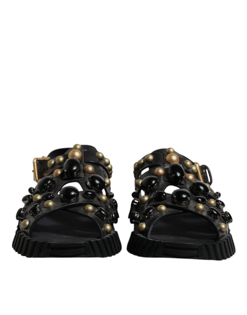 Dolce & Gabbana Black Leather Studded Slides Sandals Shoes - ClickThatClicks 