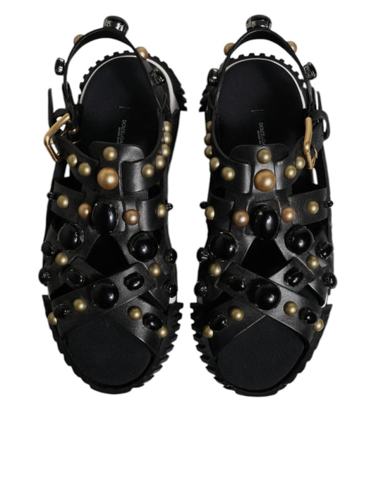 Dolce & Gabbana Black Leather Studded Slides Sandals Shoes - ClickThatClicks 