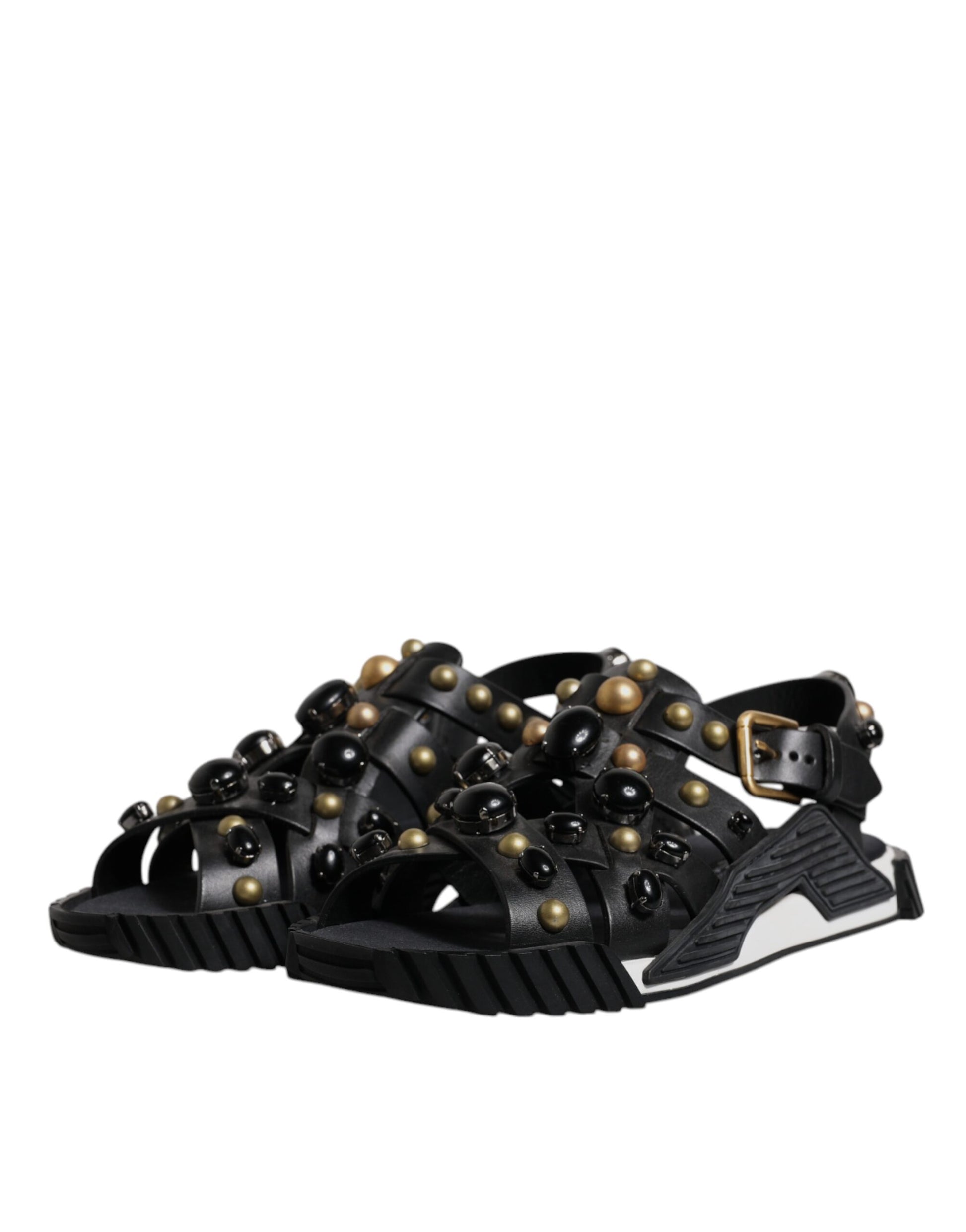 Dolce & Gabbana Black Leather Studded Slides Sandals Shoes - ClickThatClicks 