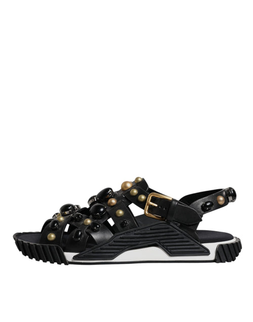Dolce & Gabbana Black Leather Studded Slides Sandals Shoes - ClickThatClicks 