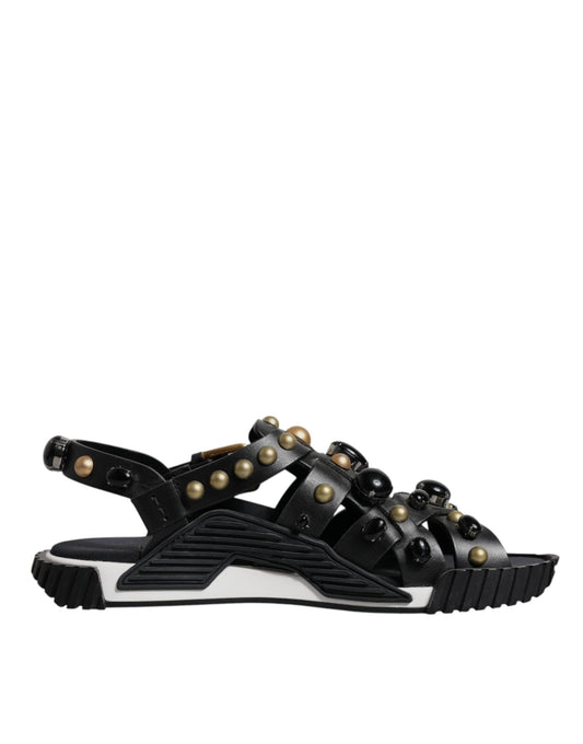 Dolce & Gabbana Black Leather Studded Slides Sandals Shoes - ClickThatClicks 