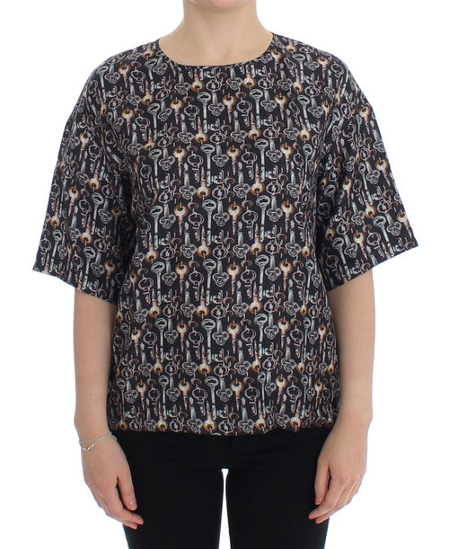 Dolce & Gabbana Gray Gold Key Print Silk Blouse T-shirt - ClickThatClicks 