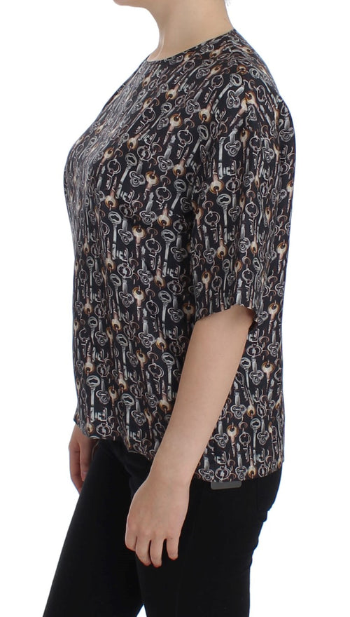 Dolce & Gabbana Gray Gold Key Print Silk Blouse T-shirt - ClickThatClicks 