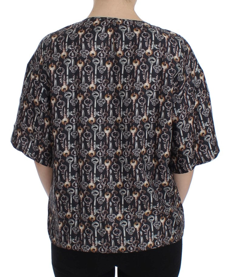 Dolce & Gabbana Gray Gold Key Print Silk Blouse T-shirt - ClickThatClicks 
