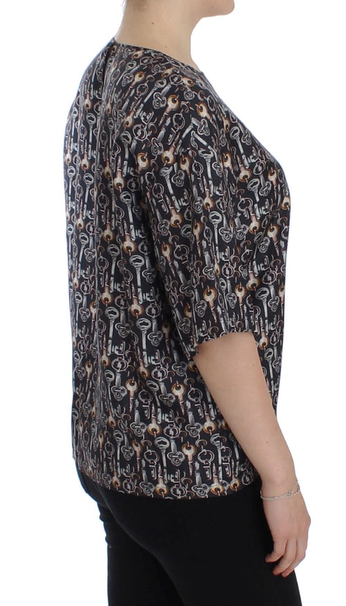 Dolce & Gabbana Gray Gold Key Print Silk Blouse T-shirt - ClickThatClicks 