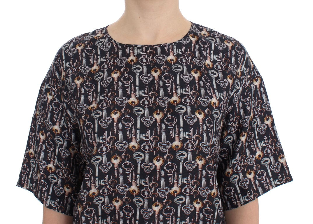 Dolce & Gabbana Gray Gold Key Print Silk Blouse T-shirt - ClickThatClicks 