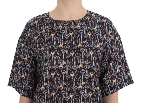 Dolce & Gabbana Gray Gold Key Print Silk Blouse T-shirt - ClickThatClicks 
