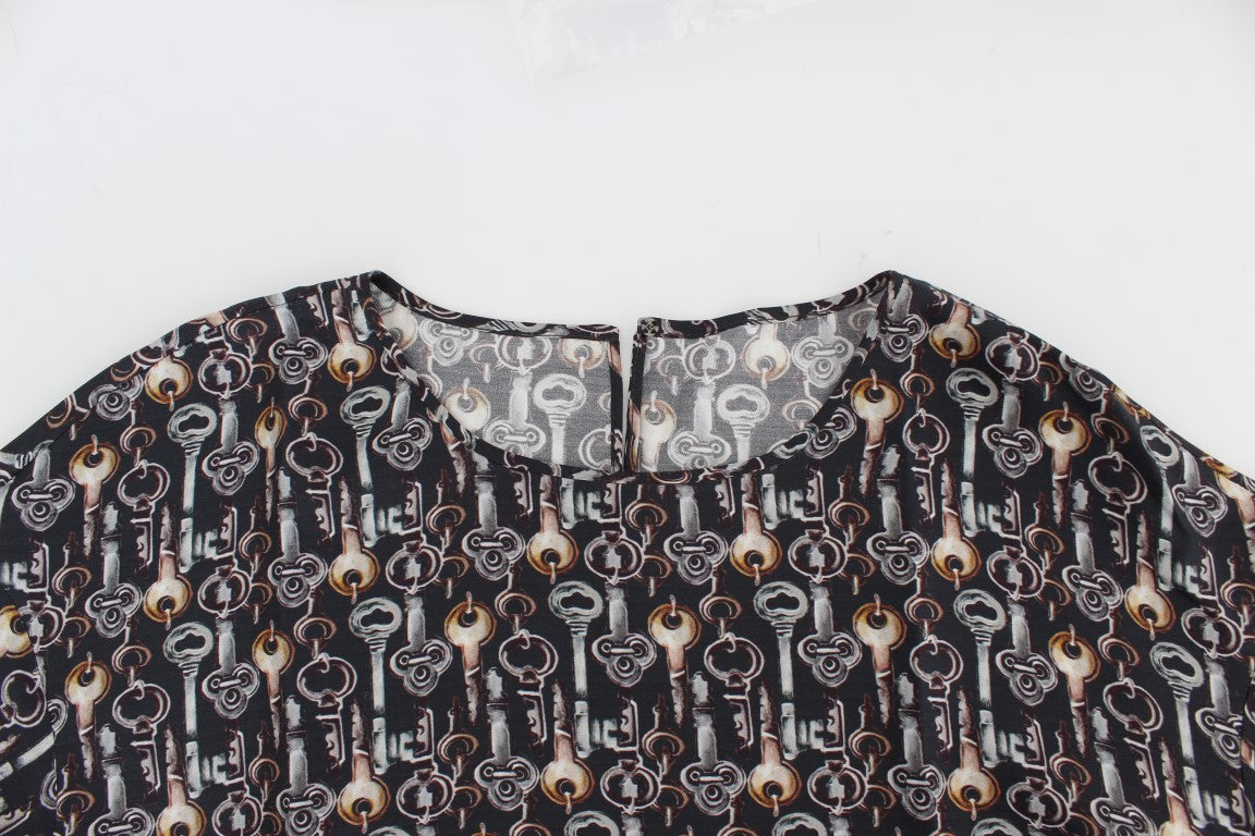 Dolce & Gabbana Gray Gold Key Print Silk Blouse T-shirt - ClickThatClicks 