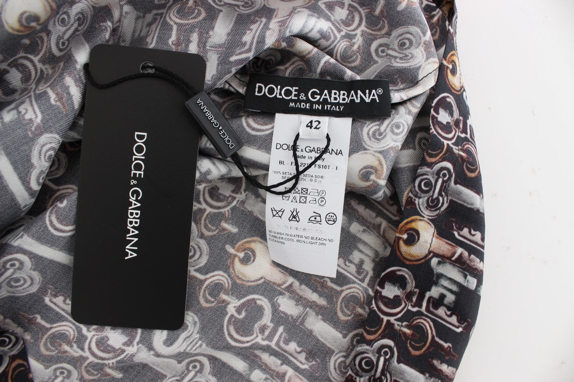 Dolce & Gabbana Gray Gold Key Print Silk Blouse T-shirt - ClickThatClicks 