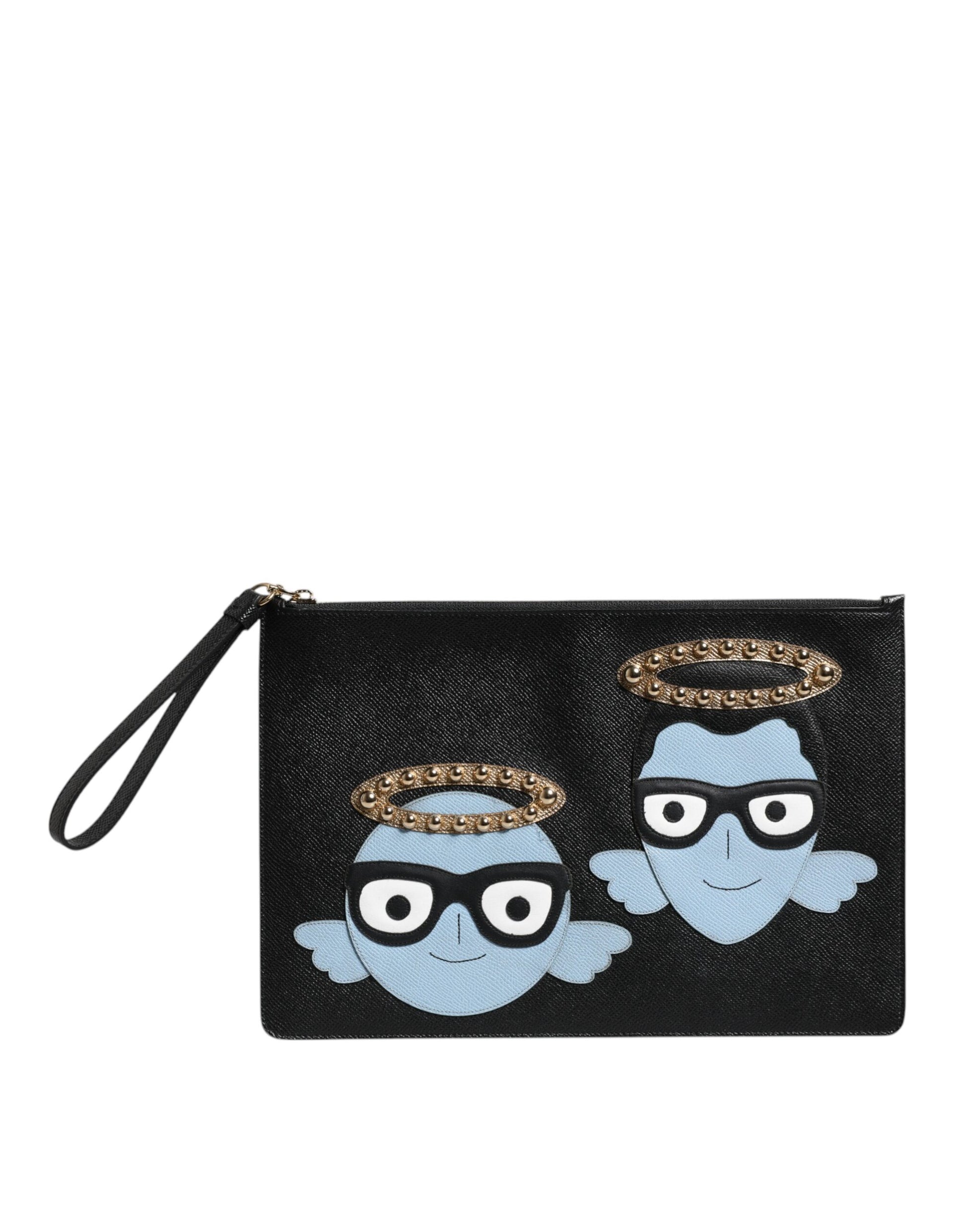 Dolce & Gabbana Black Leather #DGFAMILY Embellished Men Zip Pouch Bag - ClickThatClicks 