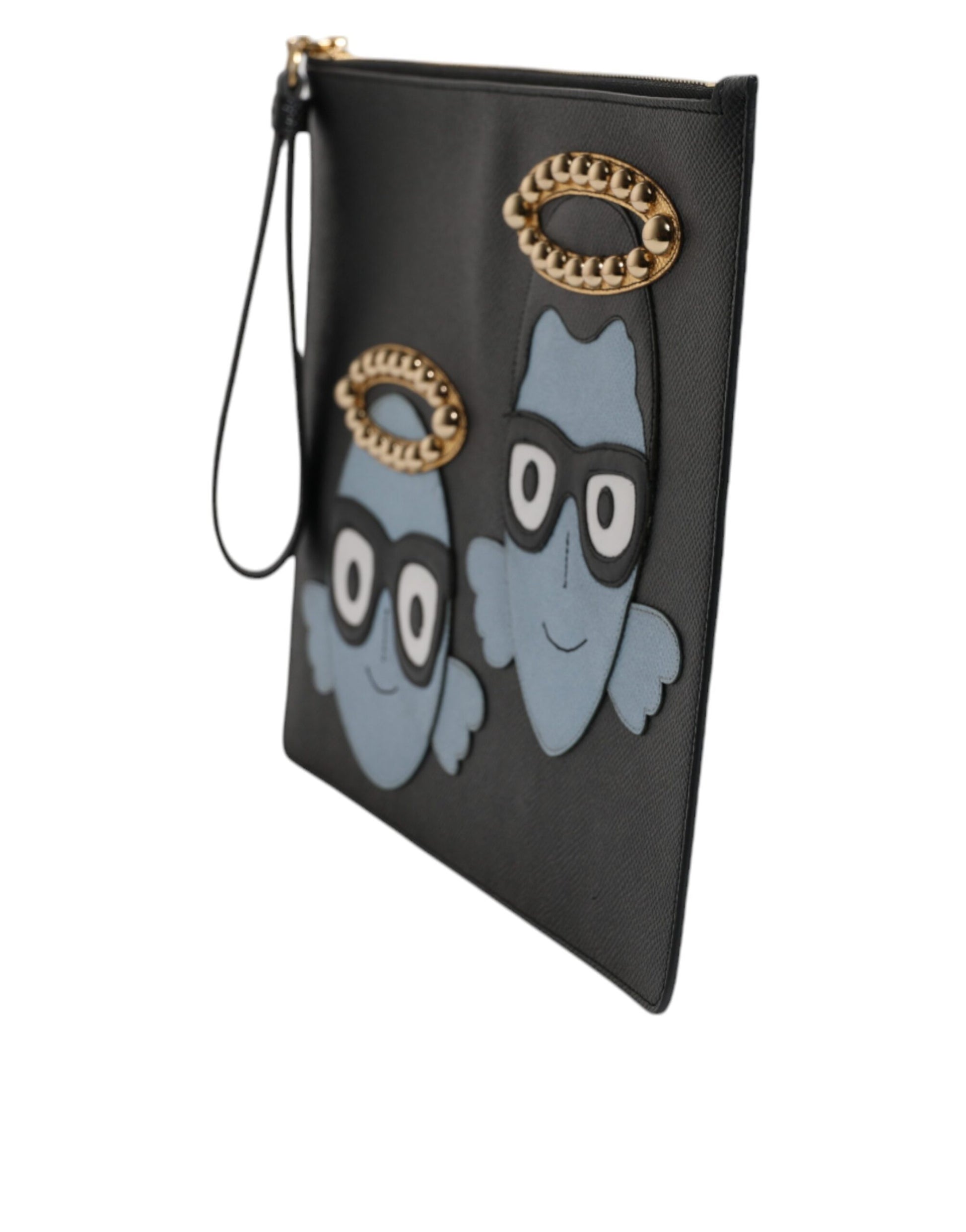 Dolce & Gabbana Black Leather #DGFAMILY Embellished Men Zip Pouch Bag - ClickThatClicks 