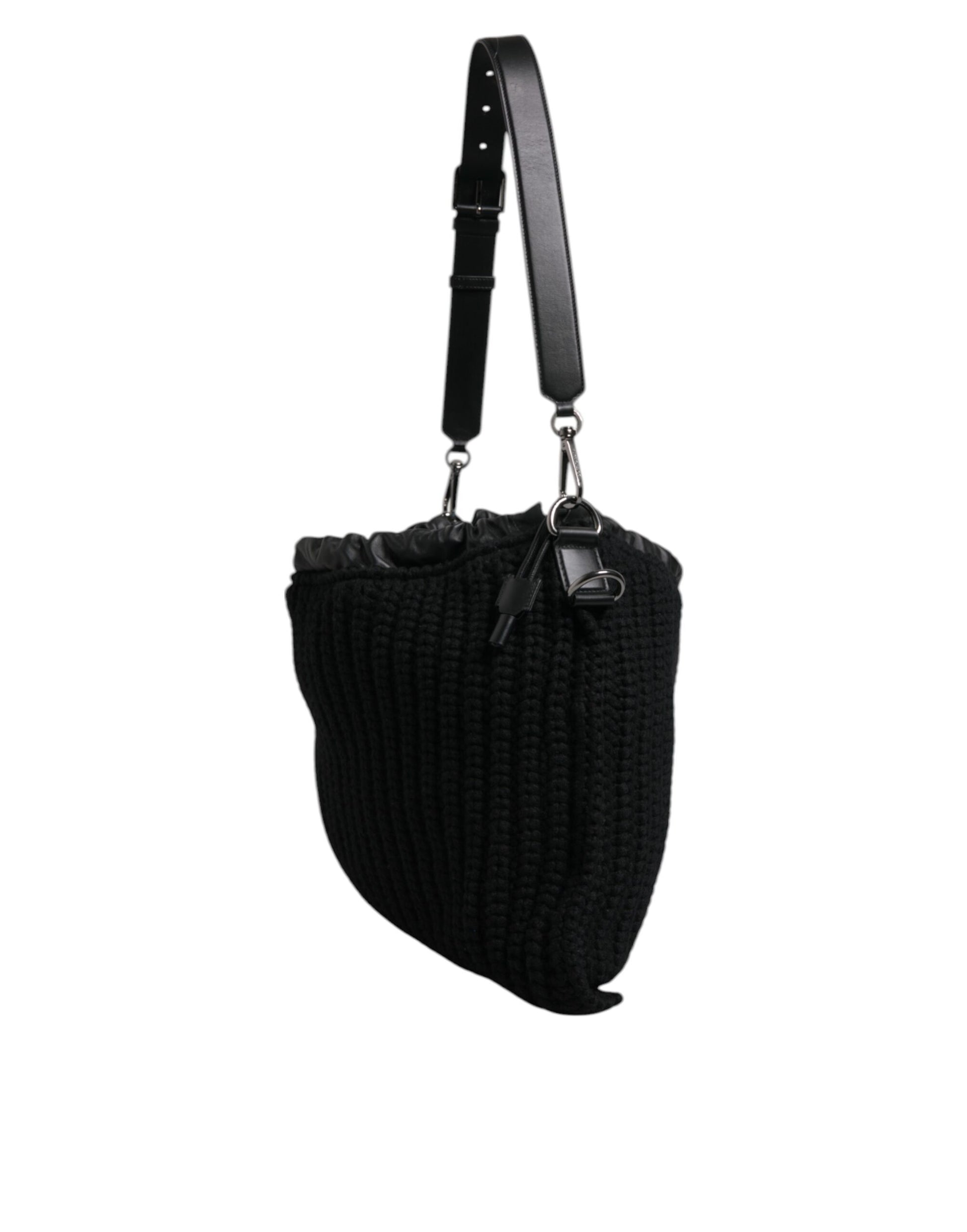 Dolce & Gabbana Black Cashmere Knitted Leather Shoulder Bag - ClickThatClicks 