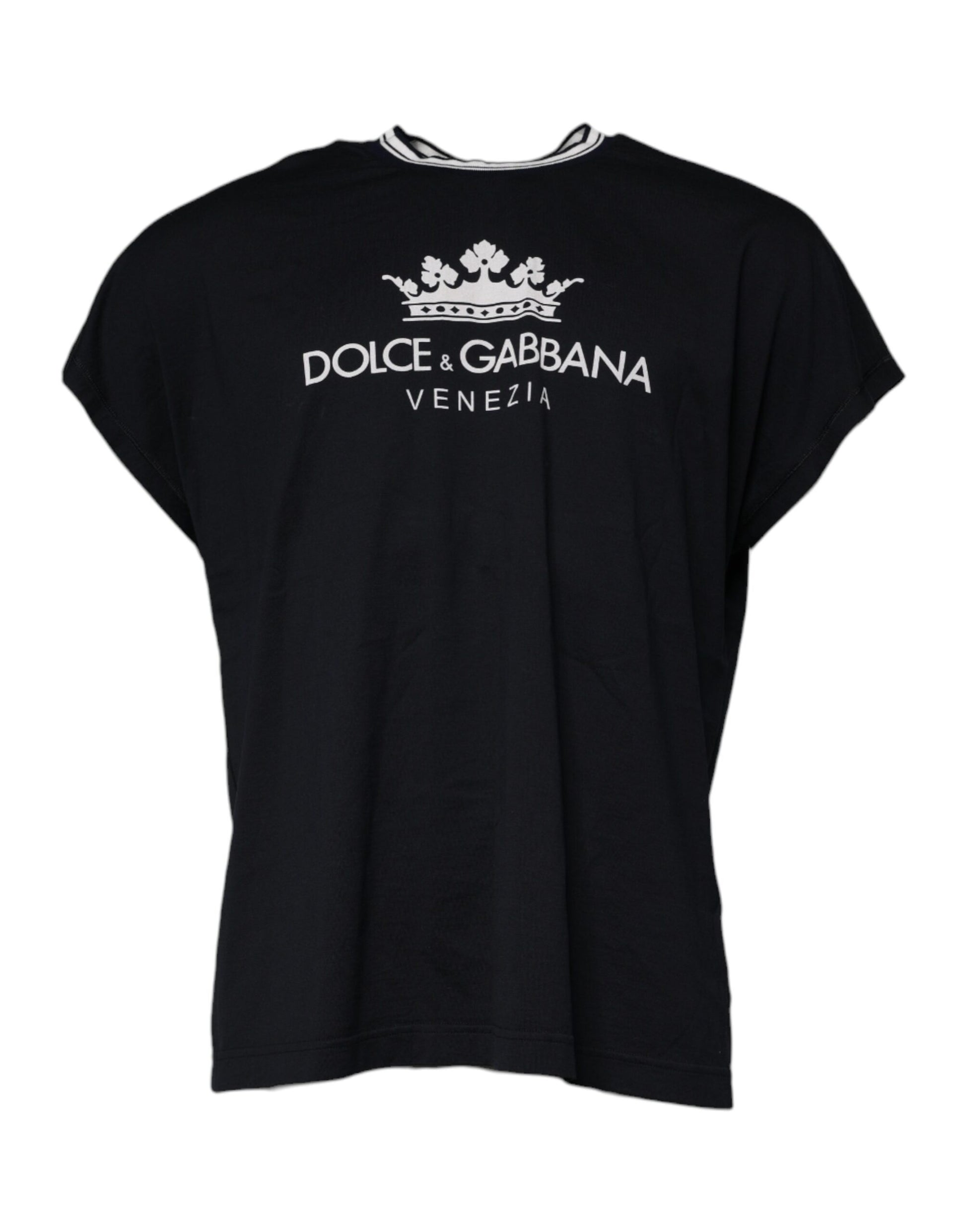 Dolce & Gabbana Dark Blue Logo Crown Cotton Crew Neck T-shirt - ClickThatClicks 
