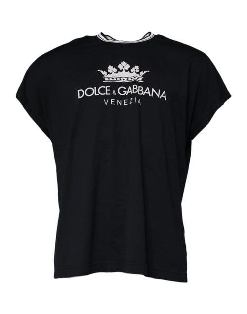Dolce & Gabbana Dark Blue Logo Crown Cotton Crew Neck T-shirt - ClickThatClicks 