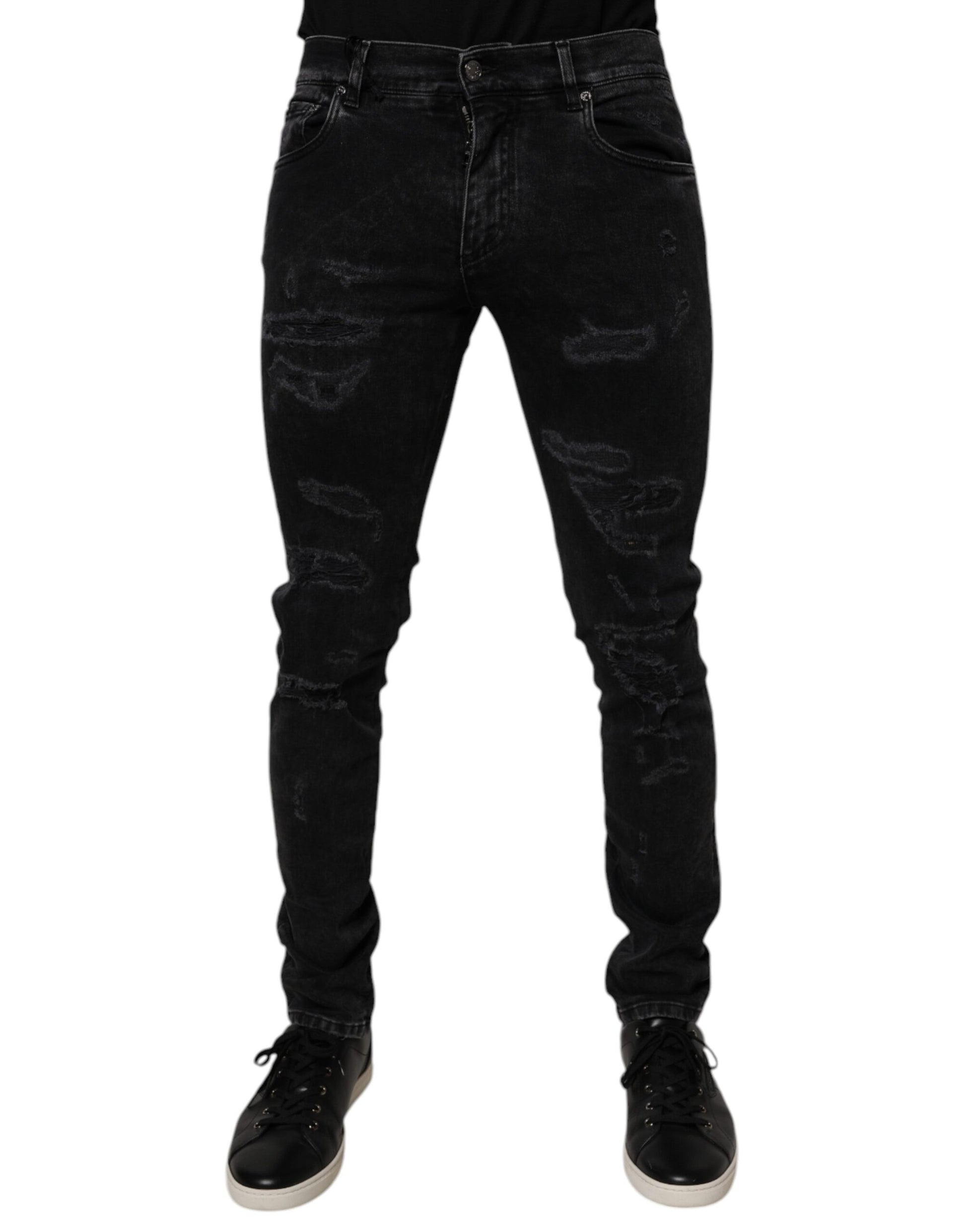 Dolce & Gabbana Black Tattered Cotton Skinny Men Denim Jeans - ClickThatClicks 