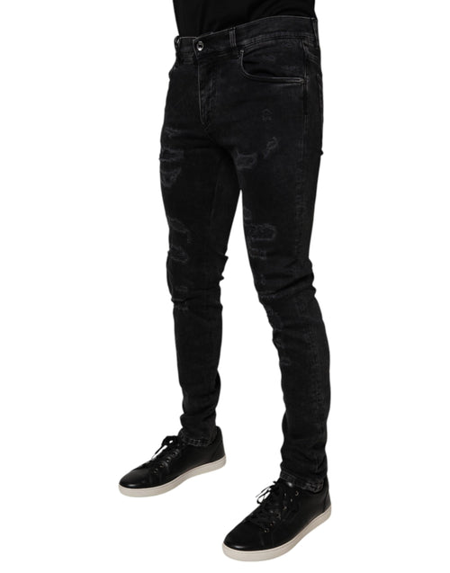 Dolce & Gabbana Black Tattered Cotton Skinny Men Denim Jeans - ClickThatClicks 