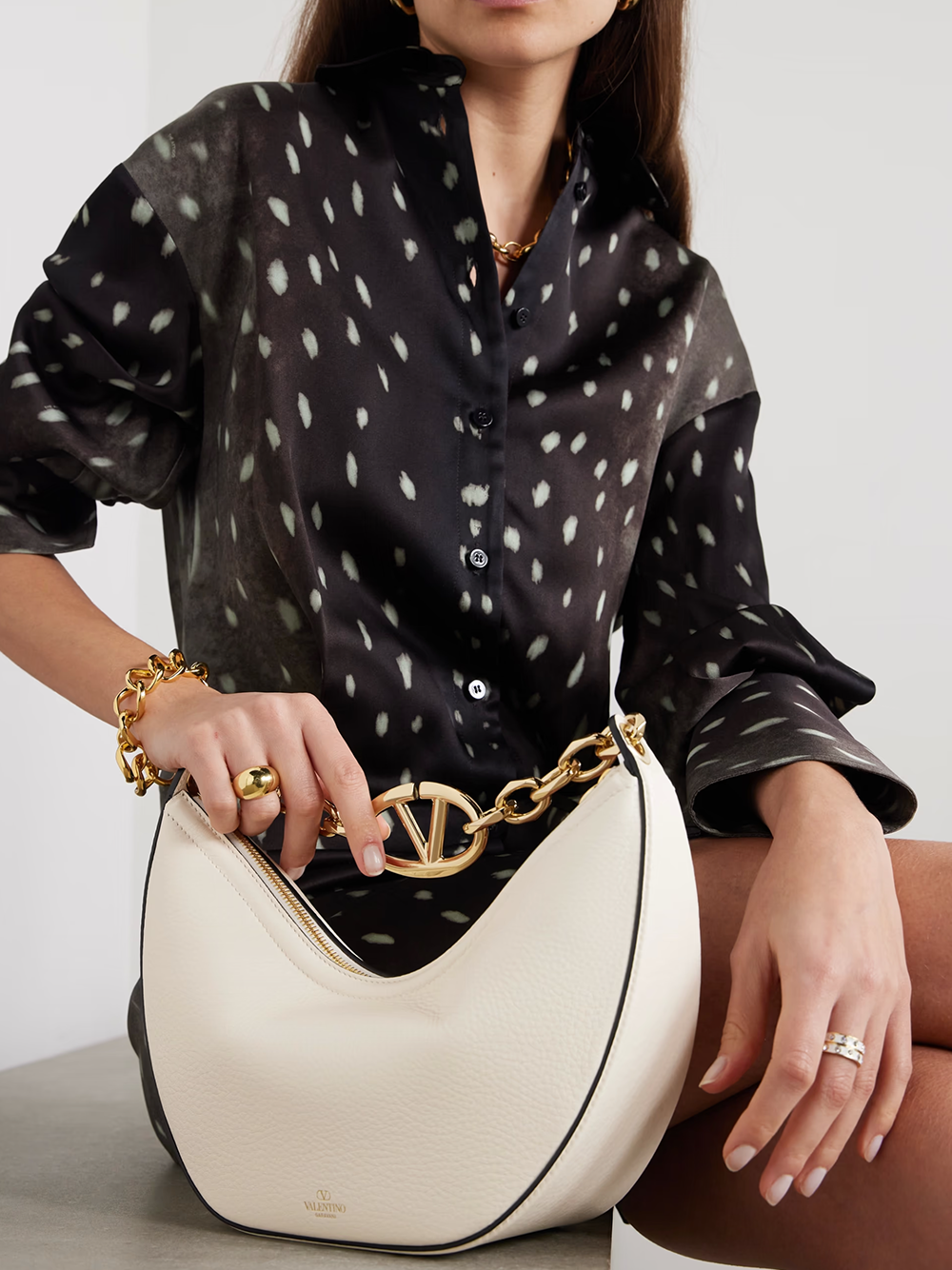 Valentino Garavani Ivory Leather Small Hobo Vlogo Shoulder Bag - ClickThatClicks 
