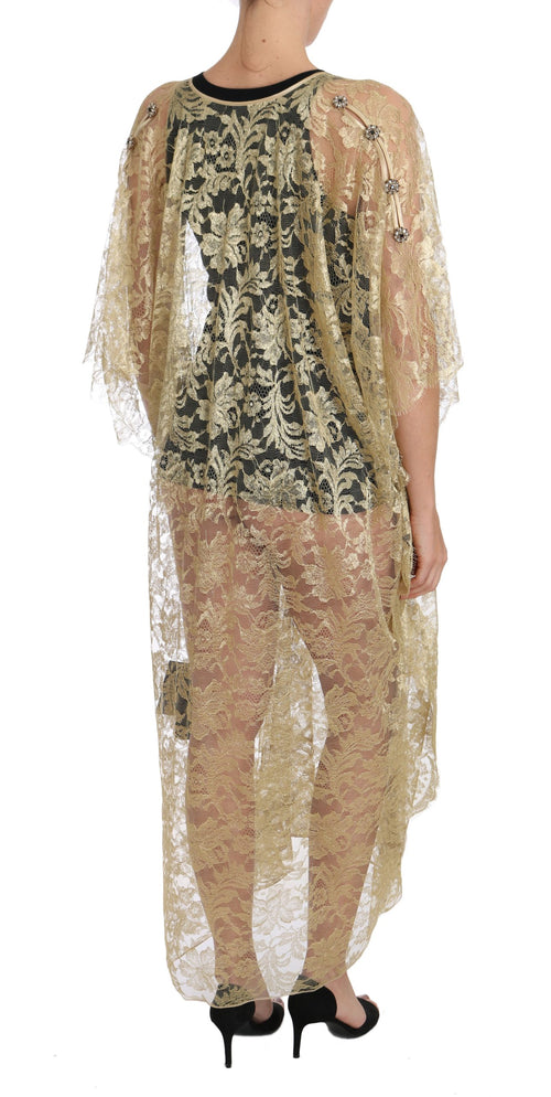 Dolce & Gabbana Gold Floral Lace Crystal Gown Cape Dress - ClickThatClicks 