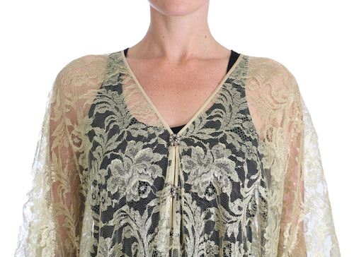 Dolce & Gabbana Gold Floral Lace Crystal Gown Cape Dress - ClickThatClicks 