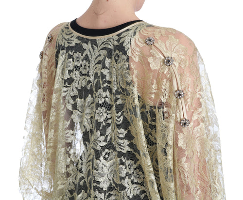 Dolce & Gabbana Gold Floral Lace Crystal Gown Cape Dress - ClickThatClicks 