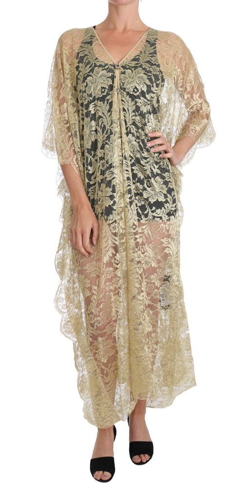 Dolce & Gabbana Gold Floral Lace Crystal Gown Cape Dress - ClickThatClicks 