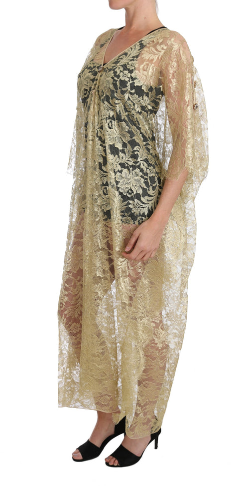 Dolce & Gabbana Gold Floral Lace Crystal Gown Cape Dress - ClickThatClicks 