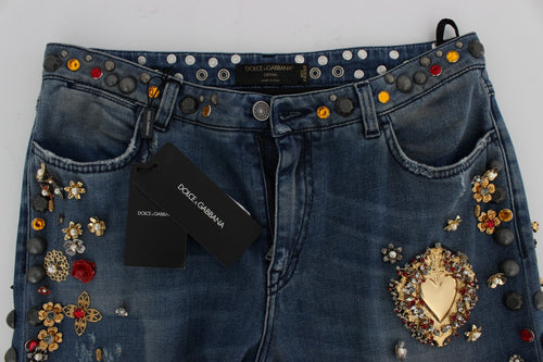 Dolce & Gabbana Crystal Roses Heart Embellished Jeans - ClickThatClicks 