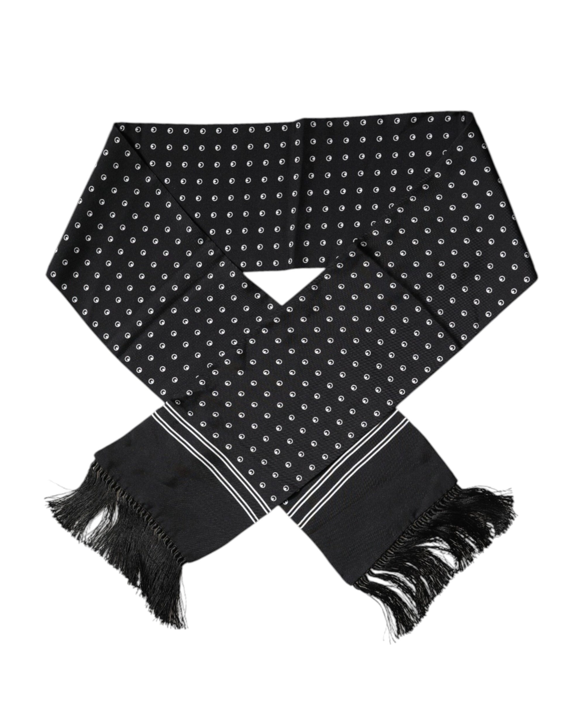 Dolce & Gabbana Black White Polka Dotted Silk Skinny Fringes Scarf - ClickThatClicks 