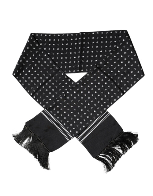 Dolce & Gabbana Black White Polka Dotted Silk Skinny Fringes Scarf - ClickThatClicks 