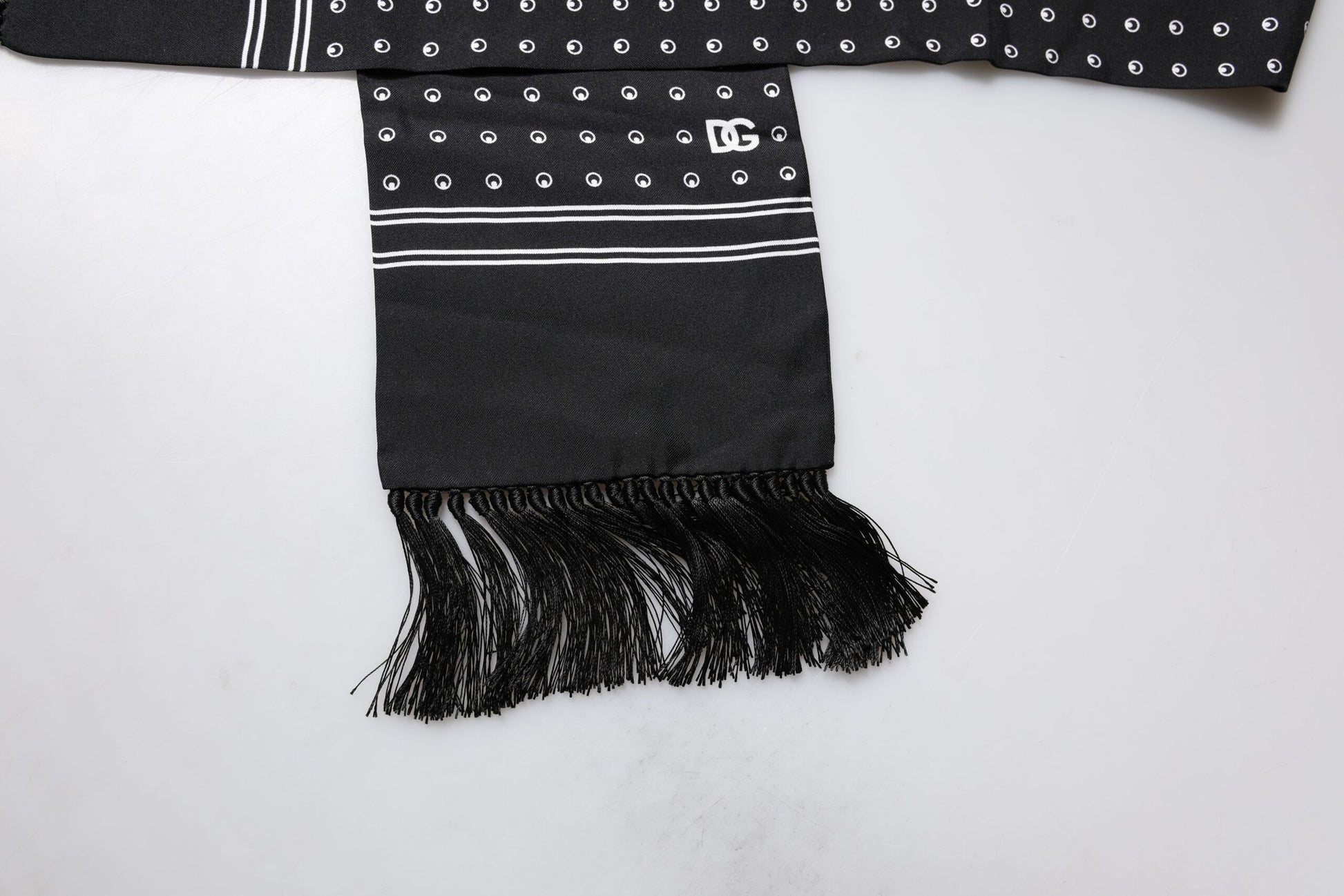 Dolce & Gabbana Black White Polka Dotted Silk Skinny Fringes Scarf - ClickThatClicks 