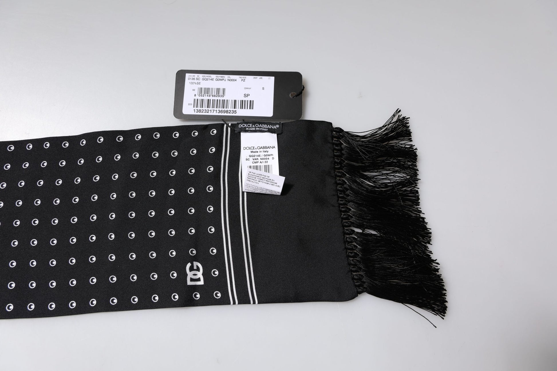 Dolce & Gabbana Black White Polka Dotted Silk Skinny Fringes Scarf - ClickThatClicks 