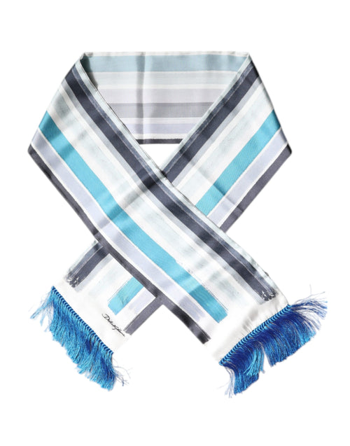 Dolce & Gabbana White Blue Stripes Silk Fringes Wrap Scarf - ClickThatClicks 