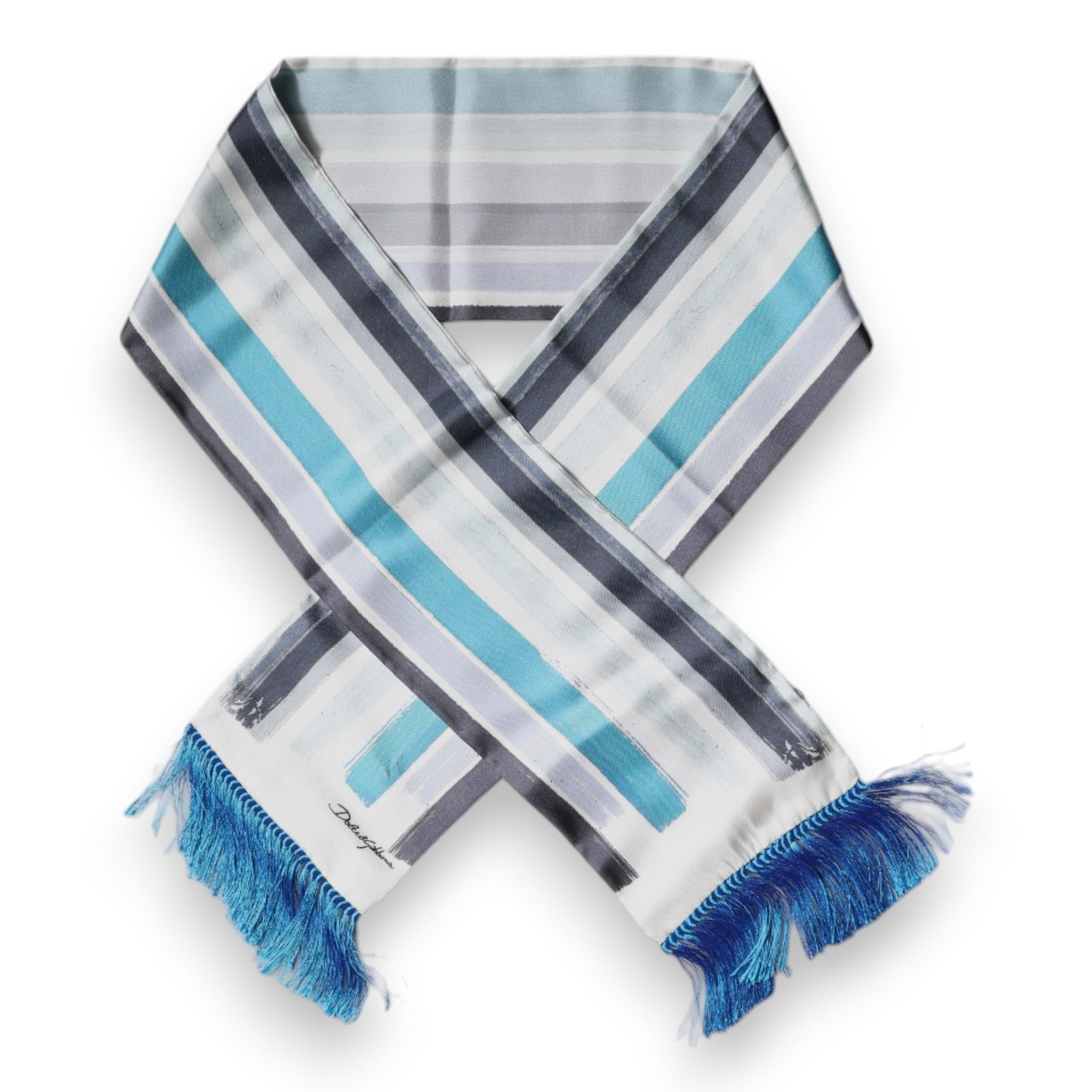 Dolce & Gabbana White Blue Stripes Silk Fringes Wrap Scarf - ClickThatClicks 