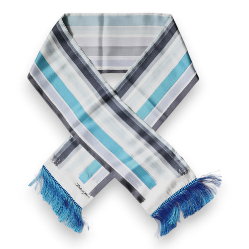 Dolce & Gabbana White Blue Stripes Silk Fringes Wrap Scarf - ClickThatClicks 