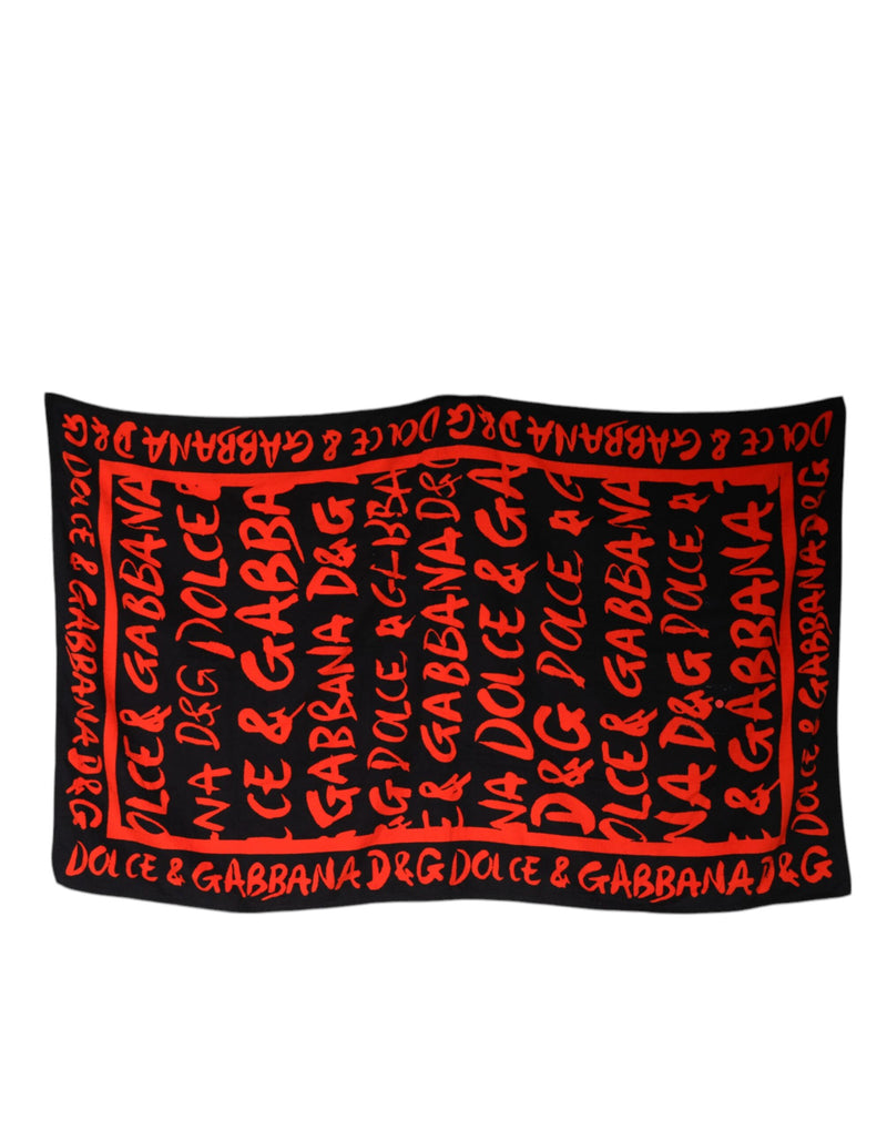 Dolce & Gabbana Black Red Logo Print Cotton Beach Towel