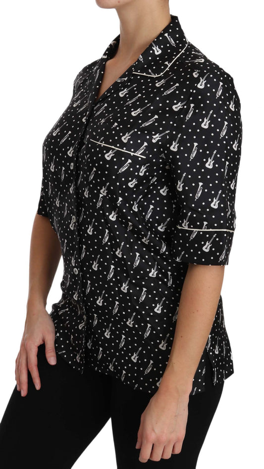 Dolce & Gabbana Black GuitarTrumpet Print Silk Shirt Top - ClickThatClicks 