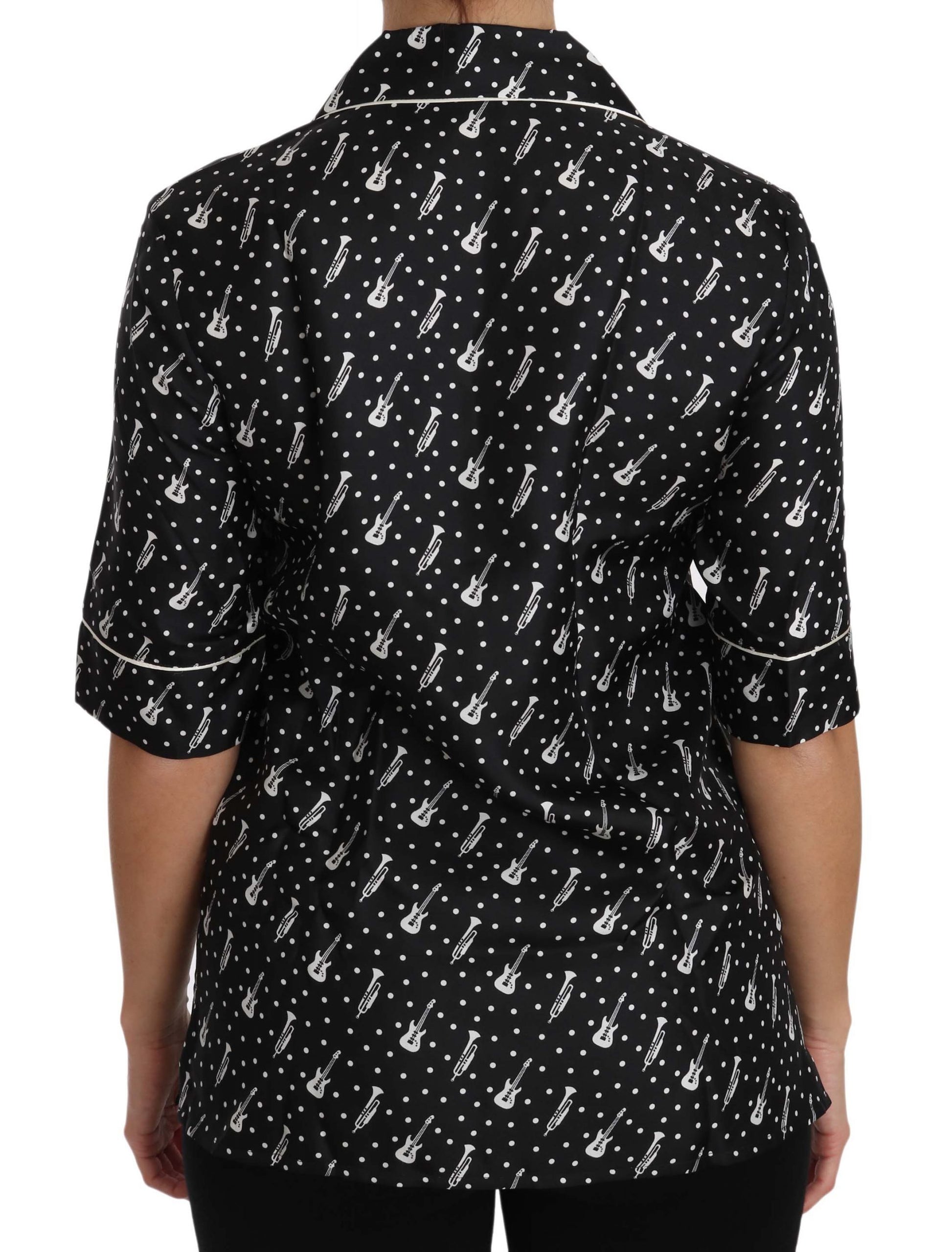 Dolce & Gabbana Black GuitarTrumpet Print Silk Shirt Top - ClickThatClicks 