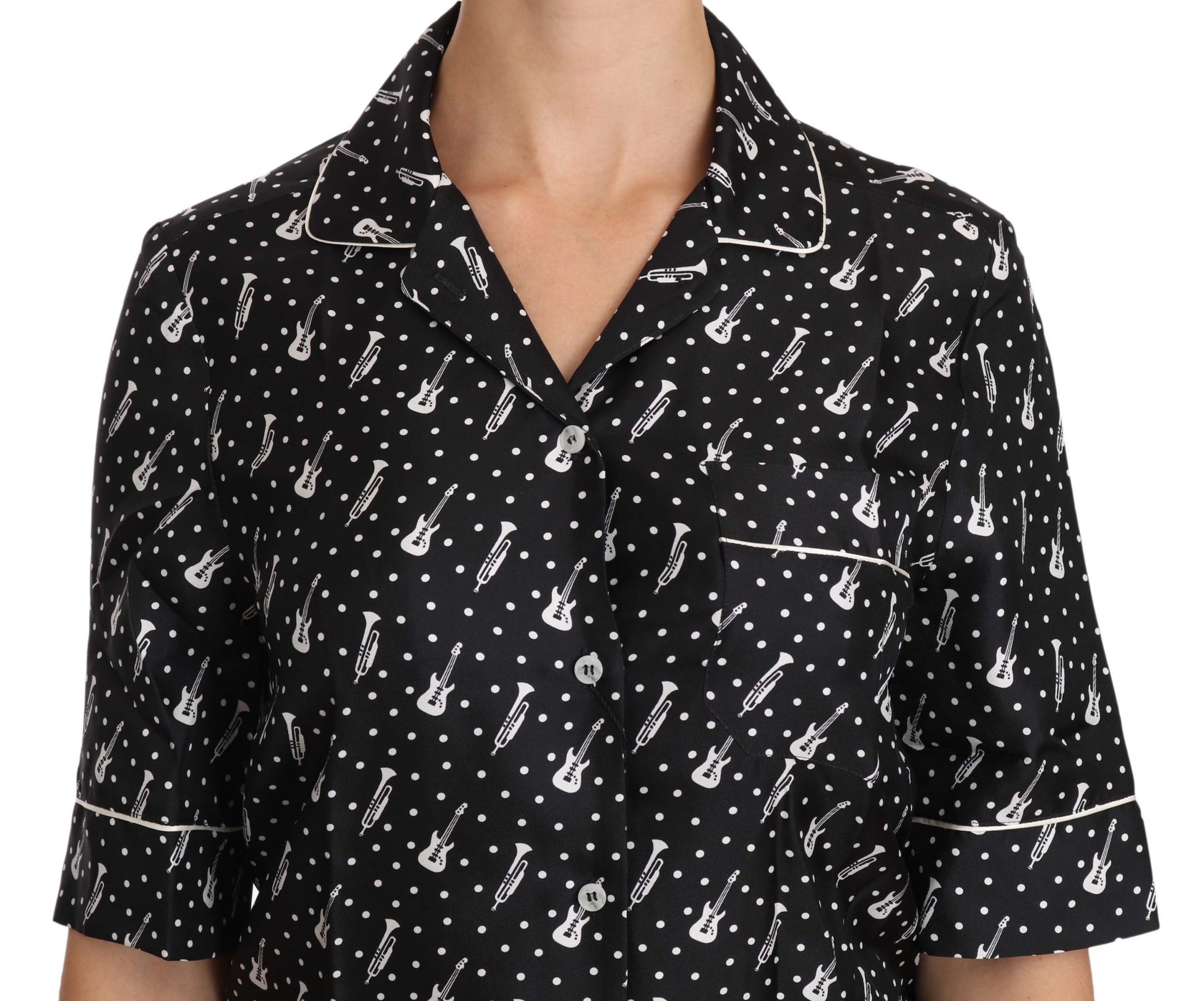 Dolce & Gabbana Black GuitarTrumpet Print Silk Shirt Top - ClickThatClicks 