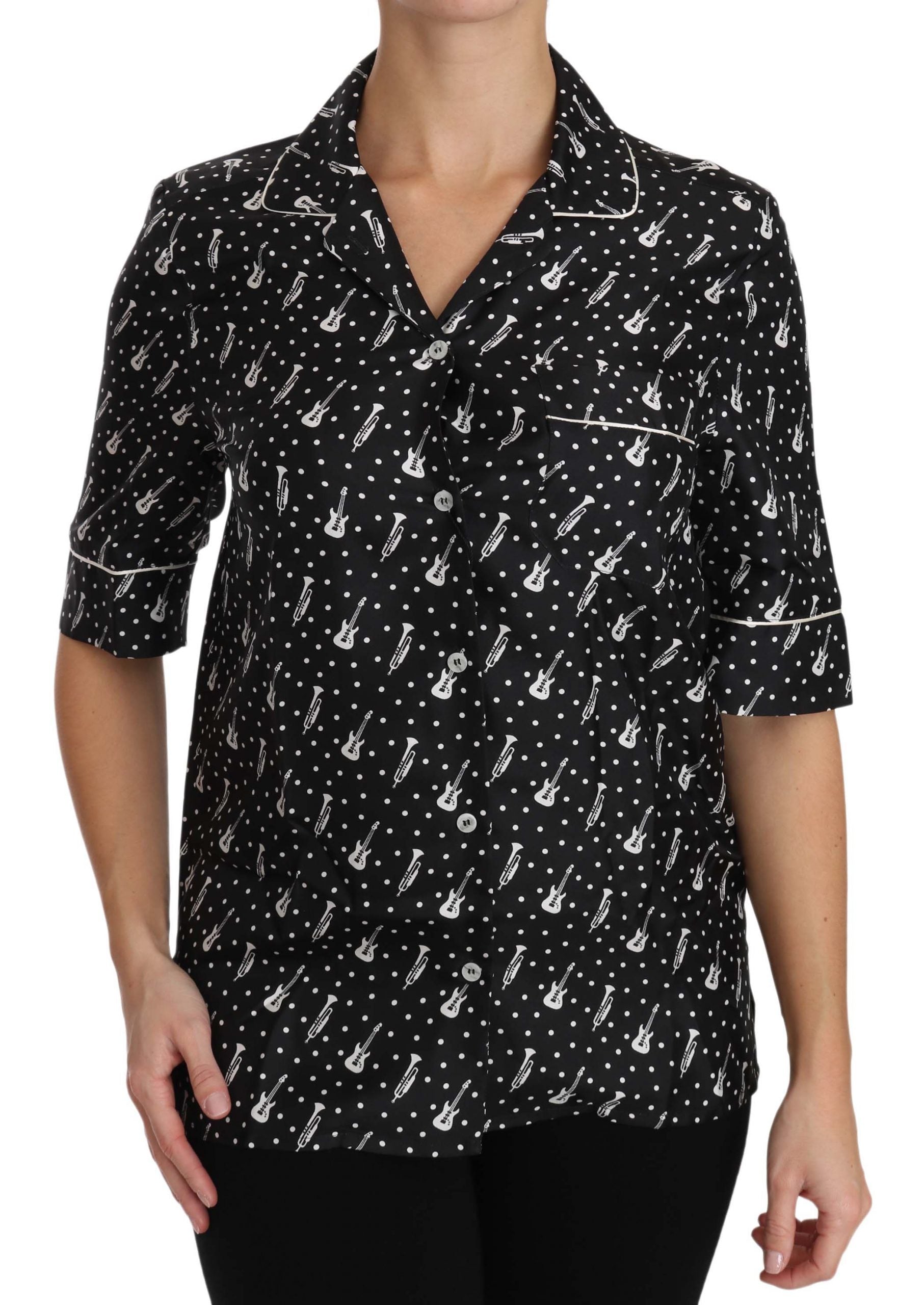 Dolce & Gabbana Black GuitarTrumpet Print Silk Shirt Top - ClickThatClicks 