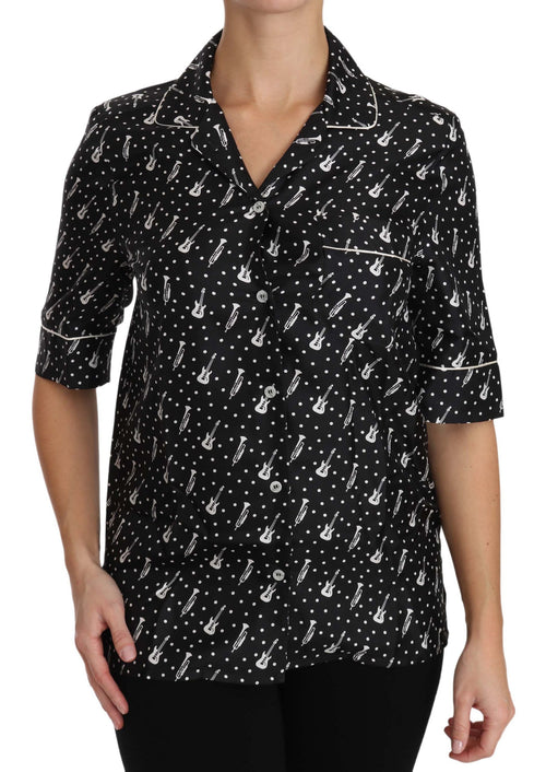 Dolce & Gabbana Black GuitarTrumpet Print Silk Shirt Top - ClickThatClicks 