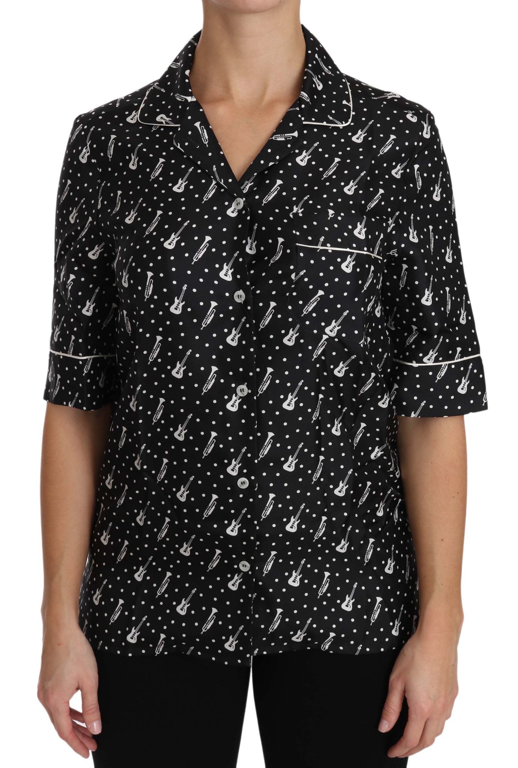Dolce & Gabbana Black GuitarTrumpet Print Silk Shirt Top - ClickThatClicks 