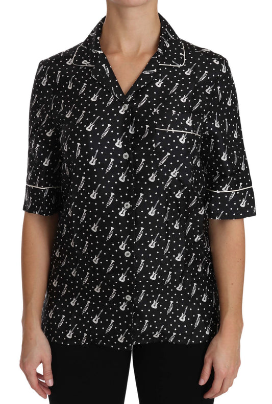 Dolce & Gabbana Black GuitarTrumpet Print Silk Shirt Top - ClickThatClicks 