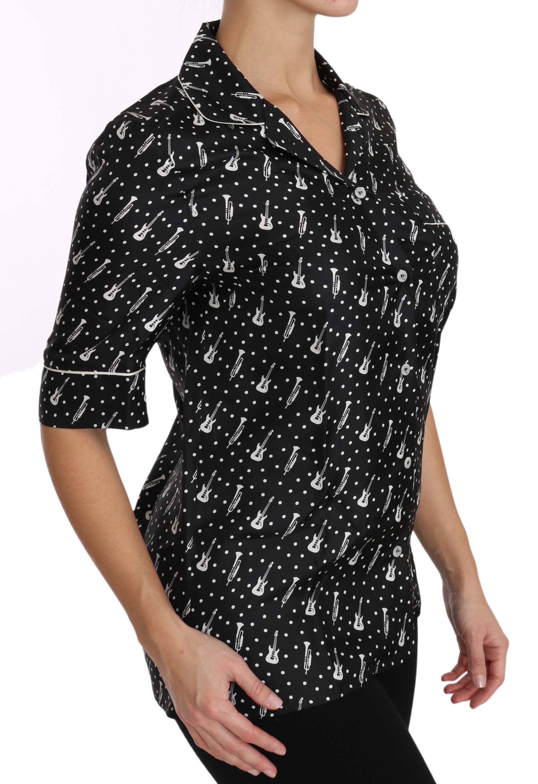 Dolce & Gabbana Black GuitarTrumpet Print Silk Shirt Top - ClickThatClicks 