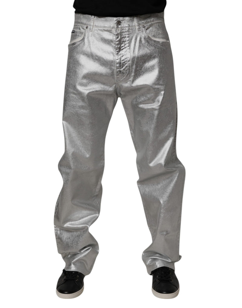 Dolce & Gabbana Metallic Silver Cotton Straight Denim Jeans