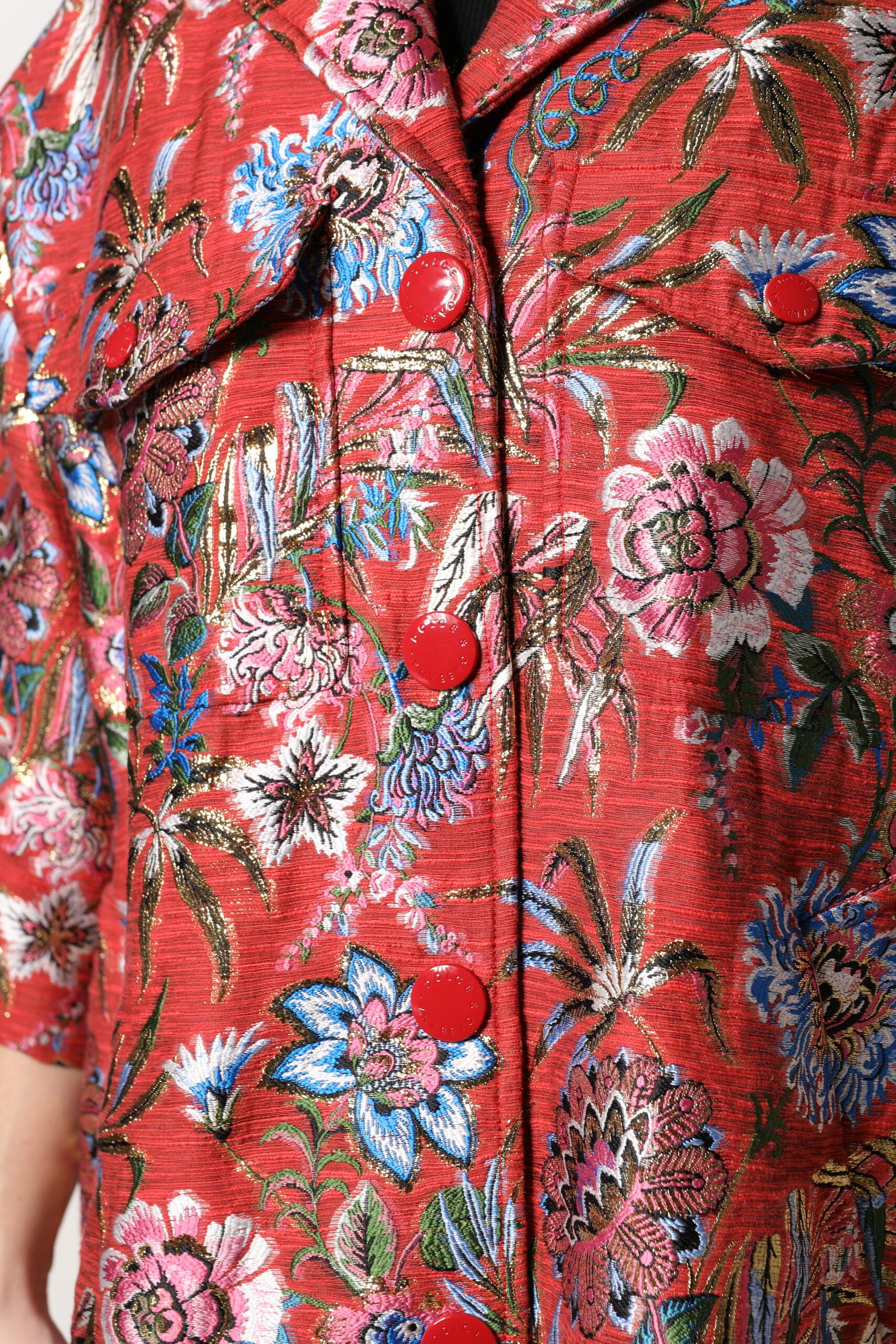 Dolce & Gabbana Red Floral Jacquard Button Down Coat Jacket - ClickThatClicks 