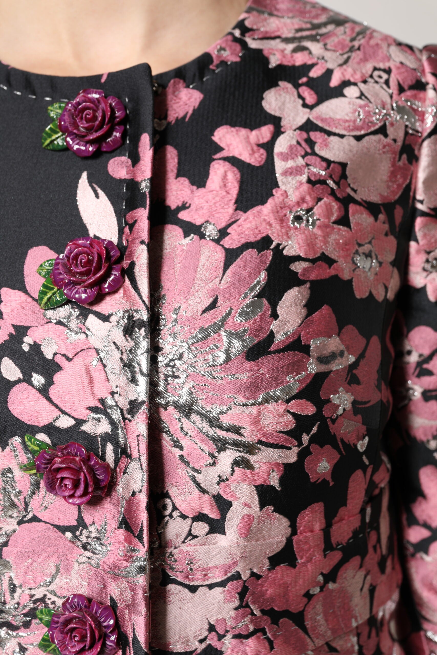 Dolce & Gabbana Pink Black Floral Brocade Trenchcoat Jacket - ClickThatClicks 