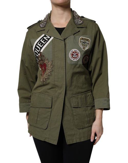 Dolce & Gabbana Military Green Queen Embellished Coat Jacket - ClickThatClicks 