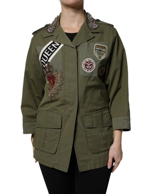 Dolce & Gabbana Military Green Queen Embellished Coat Jacket - ClickThatClicks 