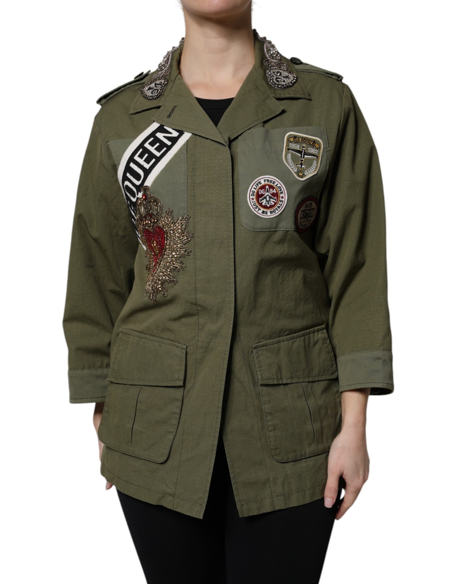 Dolce & Gabbana Military Green Queen Embellished Coat Jacket - ClickThatClicks 