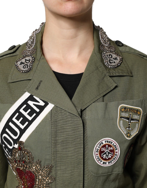 Dolce & Gabbana Military Green Queen Embellished Coat Jacket - ClickThatClicks 